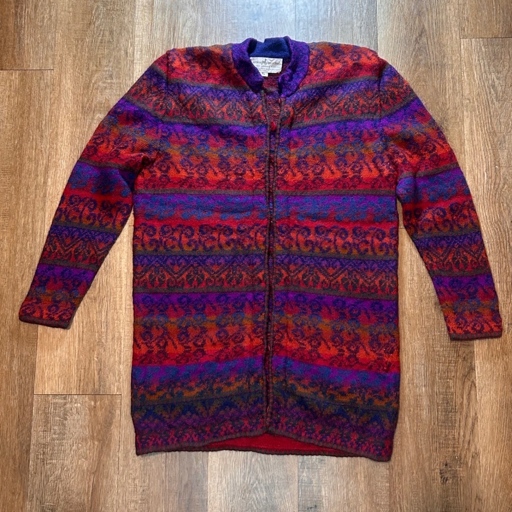Peruvian Connection 100% Alpaca Cardigan XL Purple Red Artisan Folk Boho Vintage